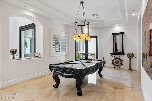 recreation room featuring billiards, a tray ceiling, recessed lighting, crown molding, and baseboards