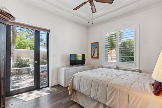 bedroom with a tray ceiling, access to exterior, multiple windows, and dark wood-type flooring