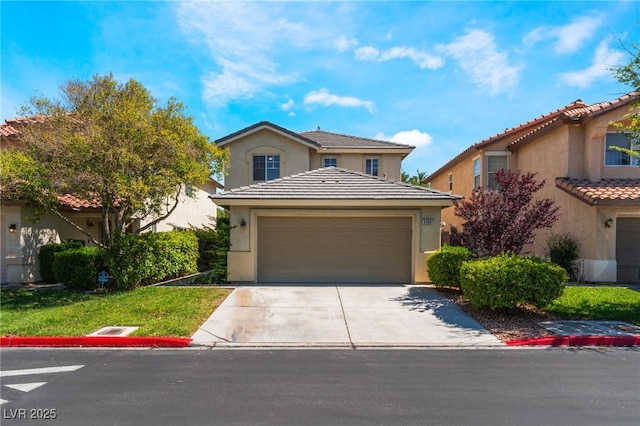 9360 Canalino Dr, Las Vegas, NV 89134 - traditional-style home with stucco siding, a garage, driveway, and a tiled roof