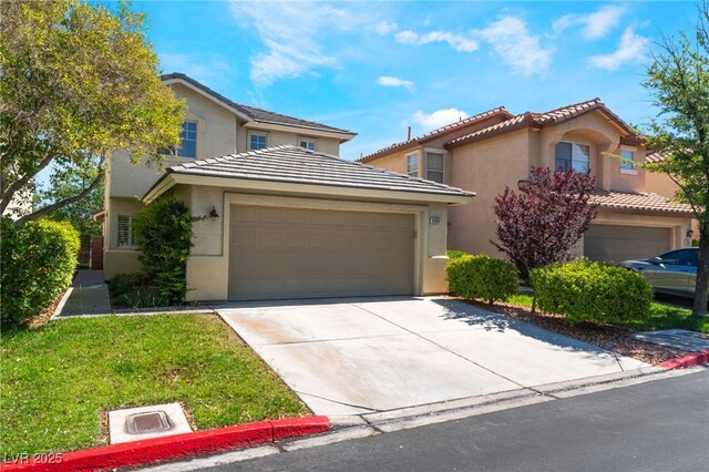 9360 Canalino Dr, Las Vegas, NV 89134 - traditional-style home with driveway, an attached garage, a tiled roof, stucco siding, and a front lawn