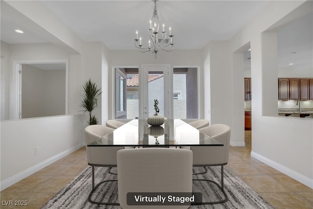 dining space with a chandelier, baseboards, light tile patterned floors, and recessed lighting