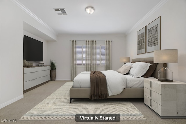 bedroom featuring crown molding, light colored carpet, and baseboards