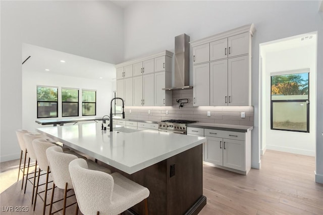 kitchen with wall chimney exhaust hood, a sink, plenty of natural light, decorative backsplash, and a towering ceiling