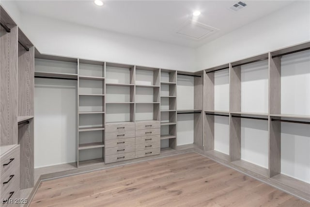 spacious closet featuring light wood-style flooring and attic access