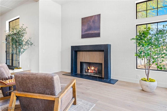 living room with wood finished floors, a warm lit fireplace, and baseboards