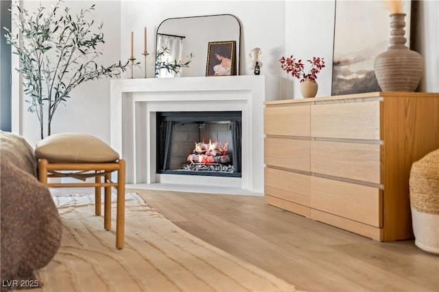 living area with wood finished floors and a warm lit fireplace