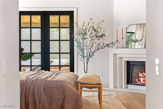 doorway with french doors, a warm lit fireplace, and plenty of natural light