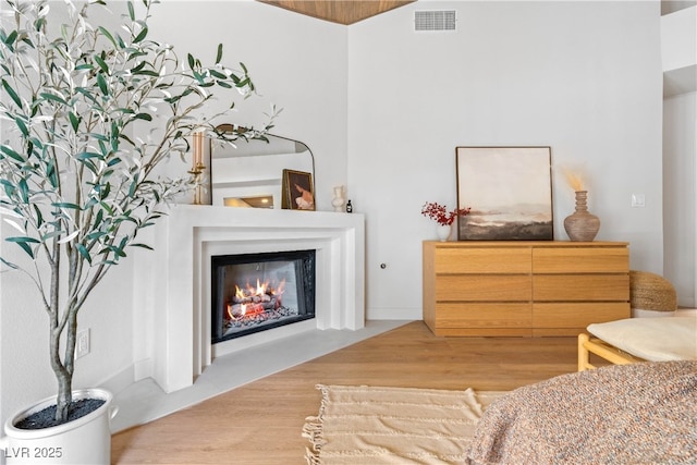 bedroom featuring wood finished floors and a glass covered fireplace