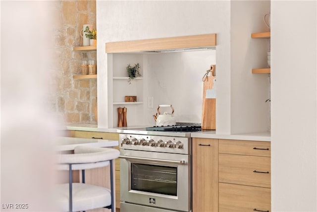 kitchen with high end stainless steel range, open shelves, light countertops, and modern cabinets
