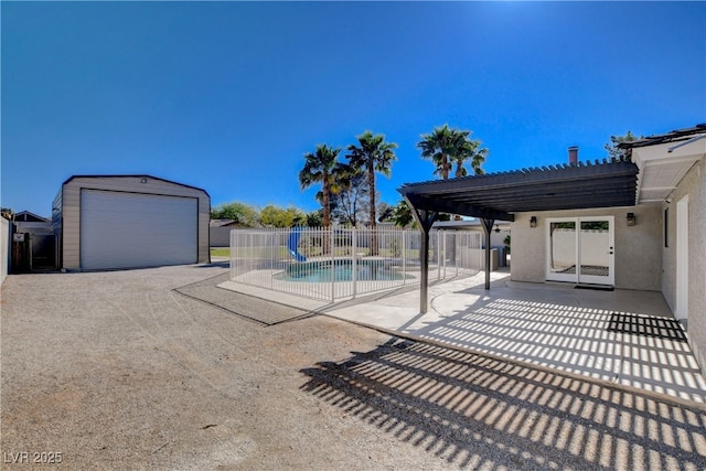 6117 Foxcroft Ave, Las Vegas, NV 89108 - view of pool with fence, a patio area, a pergola, and an outbuilding