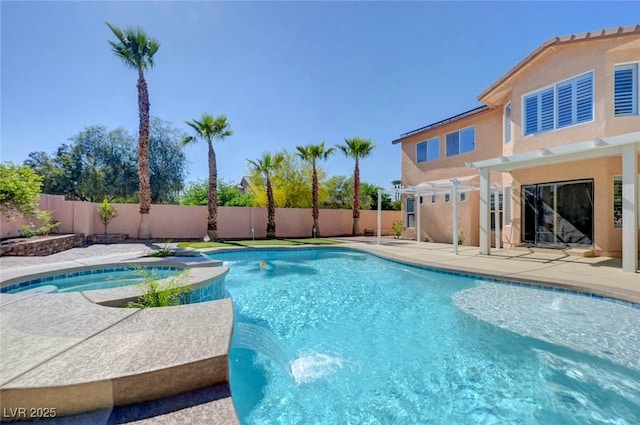 view of swimming pool featuring a pergola, a fenced backyard, a patio area, and a pool with connected hot tub