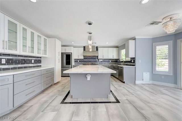 kitchen featuring appliances with stainless steel finishes, tasteful backsplash, a center island, white cabinets, and recessed lighting