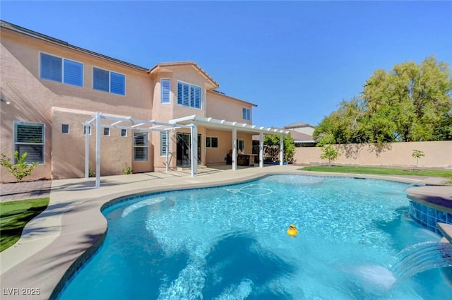 view of pool featuring a pergola, a patio area, and fence