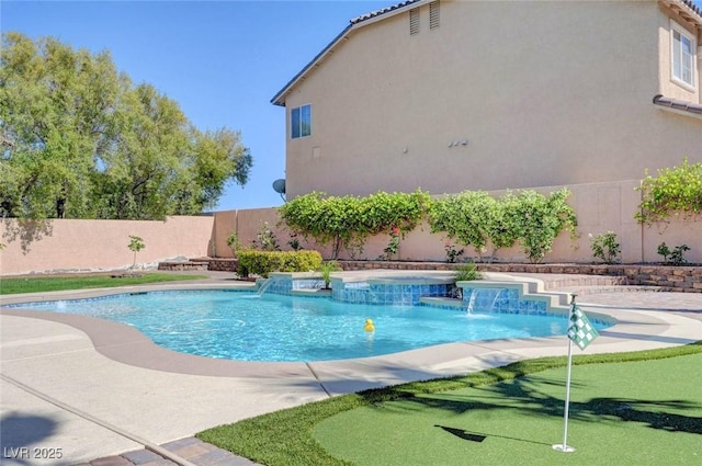 view of swimming pool featuring fence, a hot tub, and a putting green