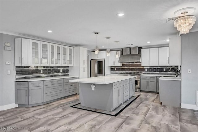 281 Powerbilt Ave, Las Vegas, NV 89148 - kitchen with stainless steel appliances, gray cabinetry, a sink, light countertops, and tasteful backsplash