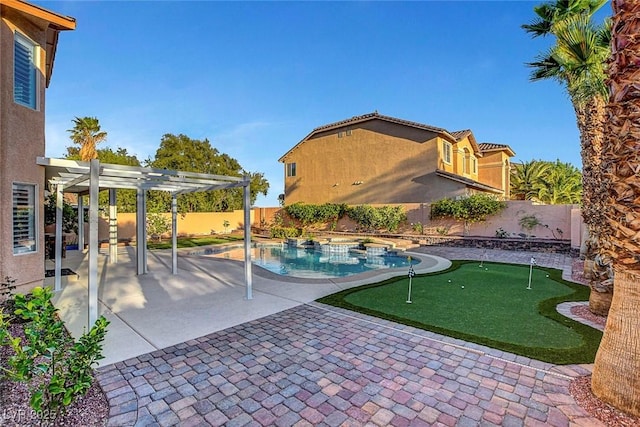 281 Powerbilt Ave, Las Vegas, NV 89148 - view of patio / terrace with a putting green, a pergola, and a fenced backyard