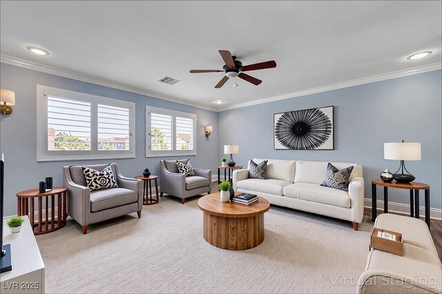281 Powerbilt Ave, Las Vegas, NV 89148 - living room featuring crown molding, a ceiling fan, recessed lighting, and baseboards