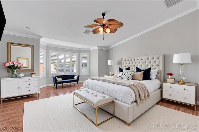 281 Powerbilt Ave, Las Vegas, NV 89148 - bedroom featuring wood finished floors, ornamental molding, baseboards, and ceiling fan