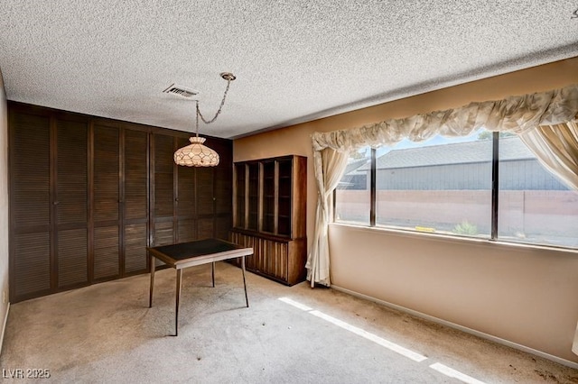 unfurnished dining area featuring carpet flooring, baseboards, and a textured ceiling