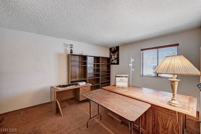 carpeted office featuring a textured ceiling