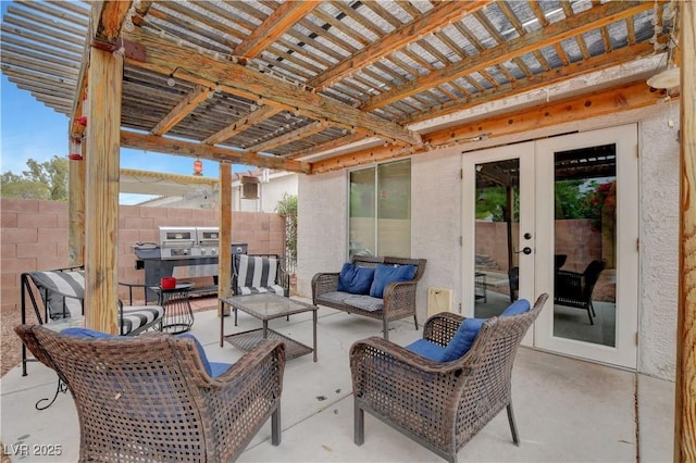 5220 Shasta Daisy St, North Las Vegas, NV 89031 - view of patio with french doors, fence, a pergola, and an outdoor living space
