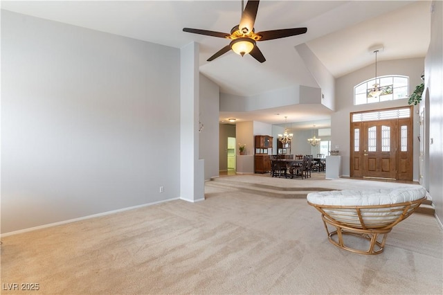 1933 Davina St, Henderson, NV 89074 - foyer featuring a chandelier, carpet floors, high vaulted ceiling, ceiling fan, and baseboards
