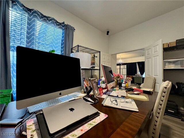 5422 Nestled Moon Ct, Las Vegas, NV 89131 - office featuring wood finished floors and a chandelier