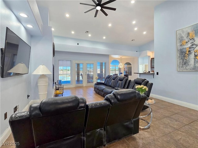 3780 Shawnee Ave, Pahrump, NV 89048 - living room featuring a ceiling fan, tile patterned floors, recessed lighting, and baseboards