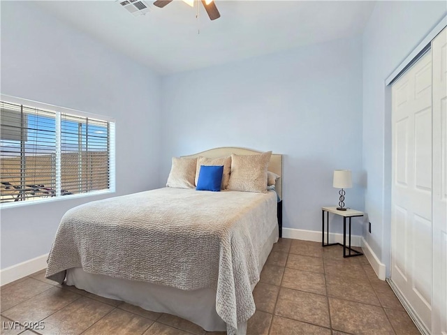 3780 Shawnee Ave, Pahrump, NV 89048 - bedroom featuring baseboards, ceiling fan, a closet, and tile patterned floors