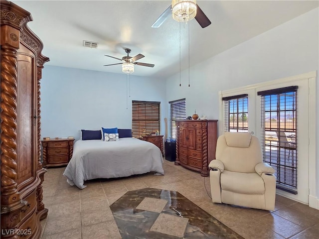 3780 Shawnee Ave, Pahrump, NV 89048 - bedroom with access to outside, a ceiling fan, and tile patterned floors