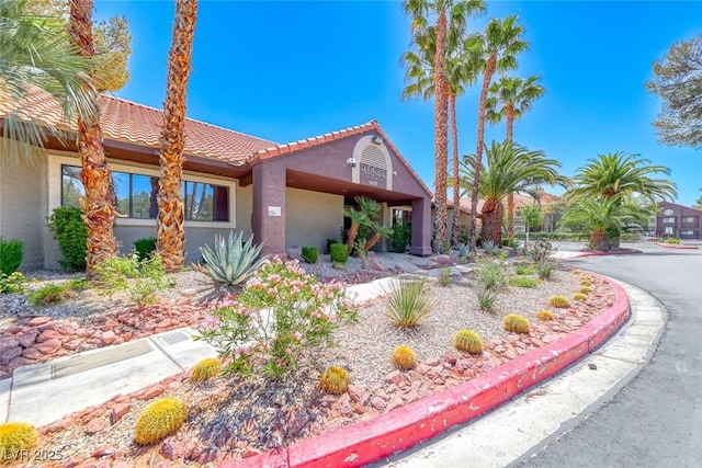 view of front of house featuring stucco siding and a tile roof