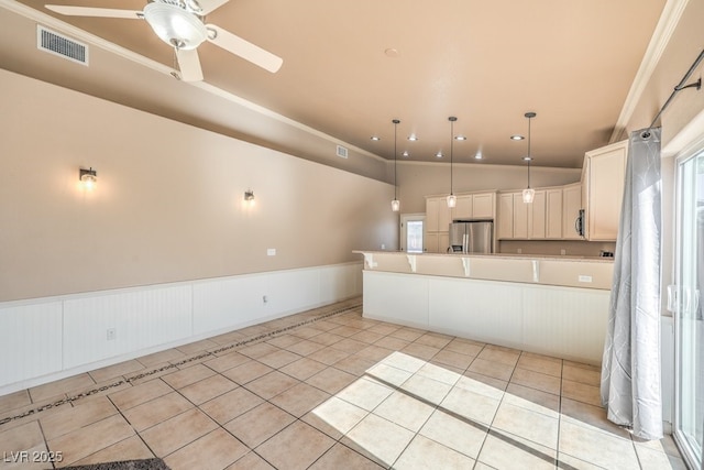kitchen featuring stainless steel fridge with ice dispenser, light tile patterned floors, a ceiling fan, pendant lighting, and white cabinetry