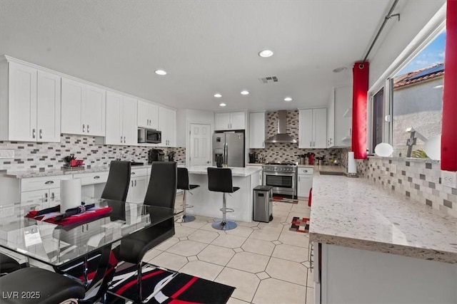 kitchen featuring wall chimney range hood, appliances with stainless steel finishes, decorative backsplash, white cabinets, and recessed lighting