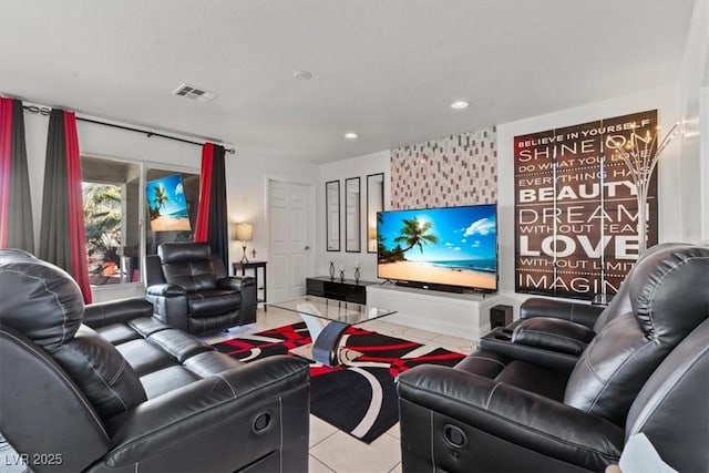 home theater with light tile patterned floors and recessed lighting