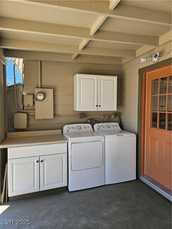131 Copper St, Henderson, NV 89015 - clothes washing area with cabinet space, separate washer and dryer, and concrete block wall
