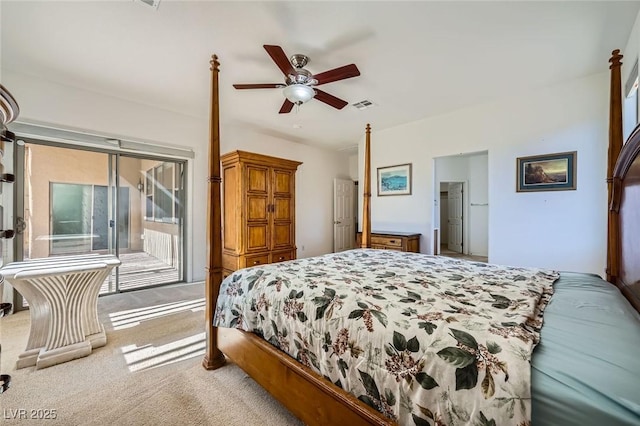 bedroom featuring access to outside, light carpet, and a ceiling fan