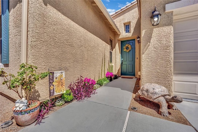 entrance to property featuring stucco siding