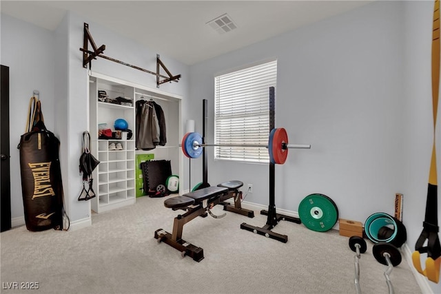 exercise room featuring carpet and baseboards