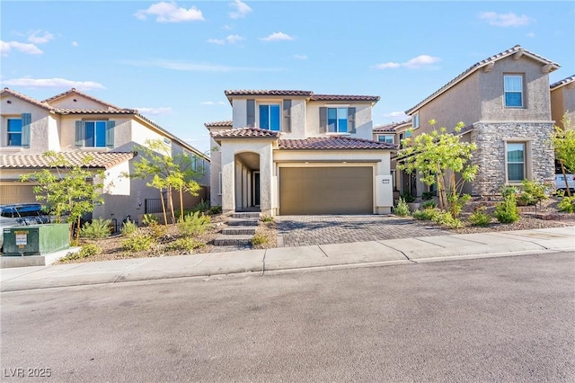 10851 Hanwicke Harbor Ave, Las Vegas, NV 89166 - mediterranean / spanish-style home with stucco siding, a garage, a tile roof, and driveway