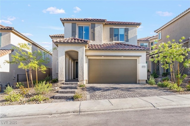 10851 Hanwicke Harbor Ave, Las Vegas, NV 89166 - mediterranean / spanish house with stucco siding, a tile roof, a garage, and driveway