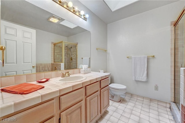 bathroom featuring a shower stall, vanity, toilet, and tile patterned floors