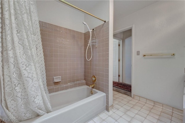full bath with shower / tub combo and tile patterned flooring