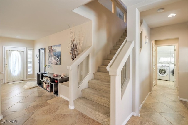 6559 Musette Ave, Las Vegas, NV 89139 - stairway featuring washer and clothes dryer, recessed lighting, baseboards, and tile patterned flooring