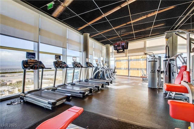exercise room featuring expansive windows