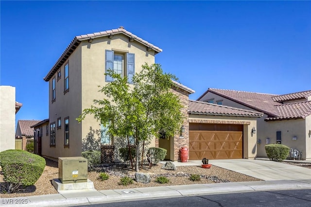 5650 Pleasant Palms St, North Las Vegas, NV 89081 - mediterranean / spanish home with stucco siding, a garage, a tile roof, and driveway