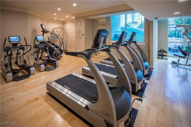 2777 Paradise Rd Unit 2701Ph, Las Vegas, NV 89109 - exercise room featuring hardwood / wood-style flooring and recessed lighting
