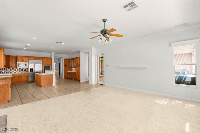 215 Great Gable Dr, Las Vegas, NV 89183 - unfurnished living room featuring a ceiling fan, recessed lighting, light carpet, light tile patterned flooring, and baseboards