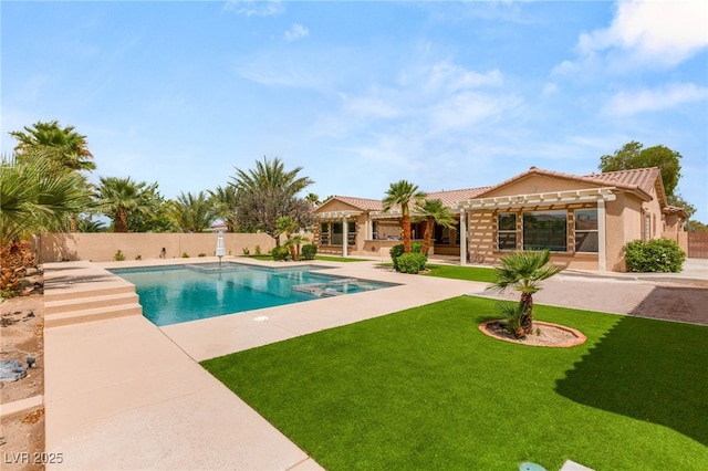 215 Great Gable Dr, Las Vegas, NV 89183 - view of swimming pool featuring a patio area, a pool with connected hot tub, and a pergola