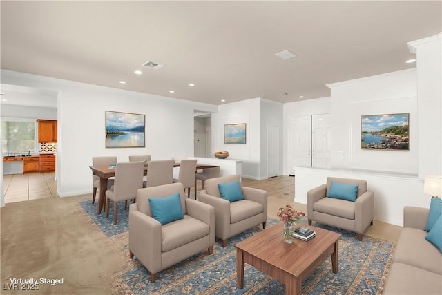 215 Great Gable Dr, Las Vegas, NV 89183 - living area featuring recessed lighting, baseboards, and light tile patterned floors