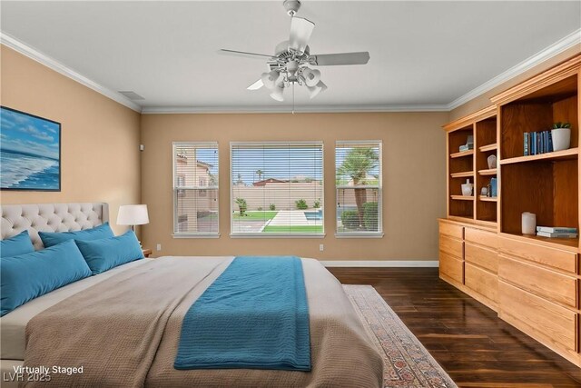 215 Great Gable Dr, Las Vegas, NV 89183 - bedroom featuring dark wood-style flooring, crown molding, baseboards, and a ceiling fan